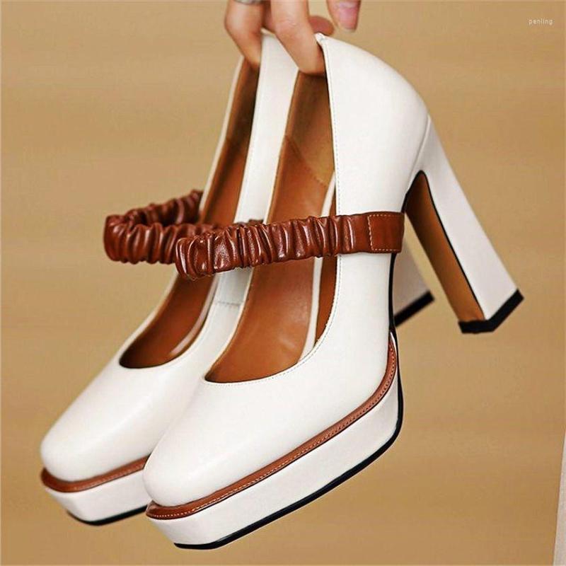 

Dress Shoes Elegant Women's Cow Leather Platform High Heels Party Pumps Block Wedding Nightclub 34 35 36 37 38 39, Beige