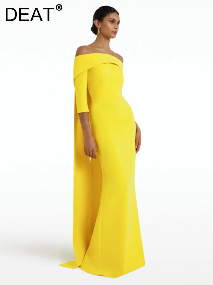 

Dresses Deat 2023 New Spring and Winter Slash Collar Spliced Yellow Color Customized Colored Slim Dress Evening Vestido Wz51007l