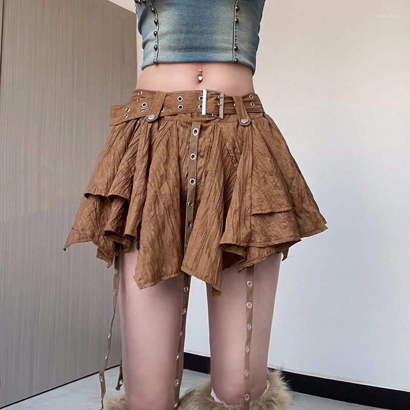 

Skirts Sexy Women Gothic Punk Irregular Solid Color Drawstring Tie-Up Ruched Ruffles Mini Skirt Summer Fashion Short, 01