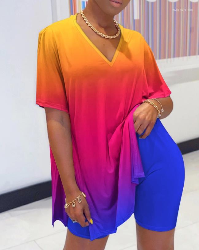 

Women' Tracksuits Fashion Two Piece Sets Womens Outifits 2023 Summer Slit V-Neck Short Sleeve Top & Casual High Waist Daily