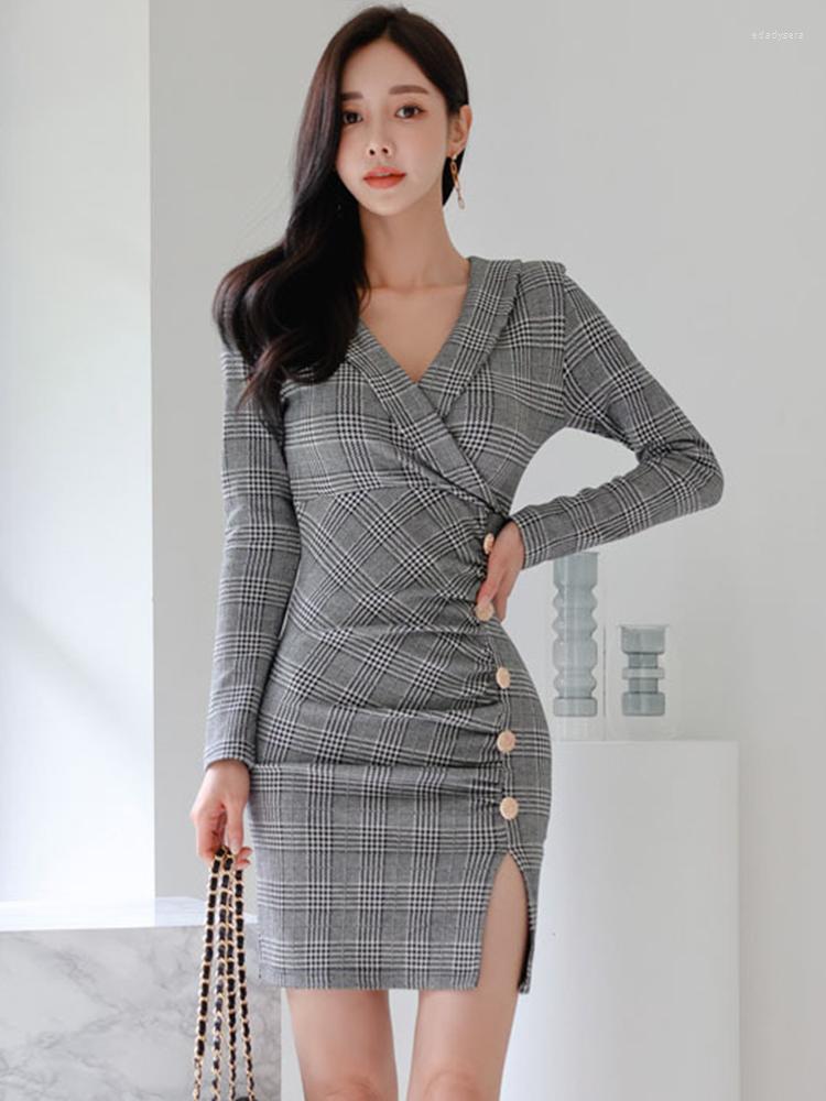 

Casual Dresses Spring Autumn Women Dress Mujer Vintage Plaid Formal Sexy V-Neck Folds Bag Hip Slit Midi Street Commute Femme Vestidos, Gray