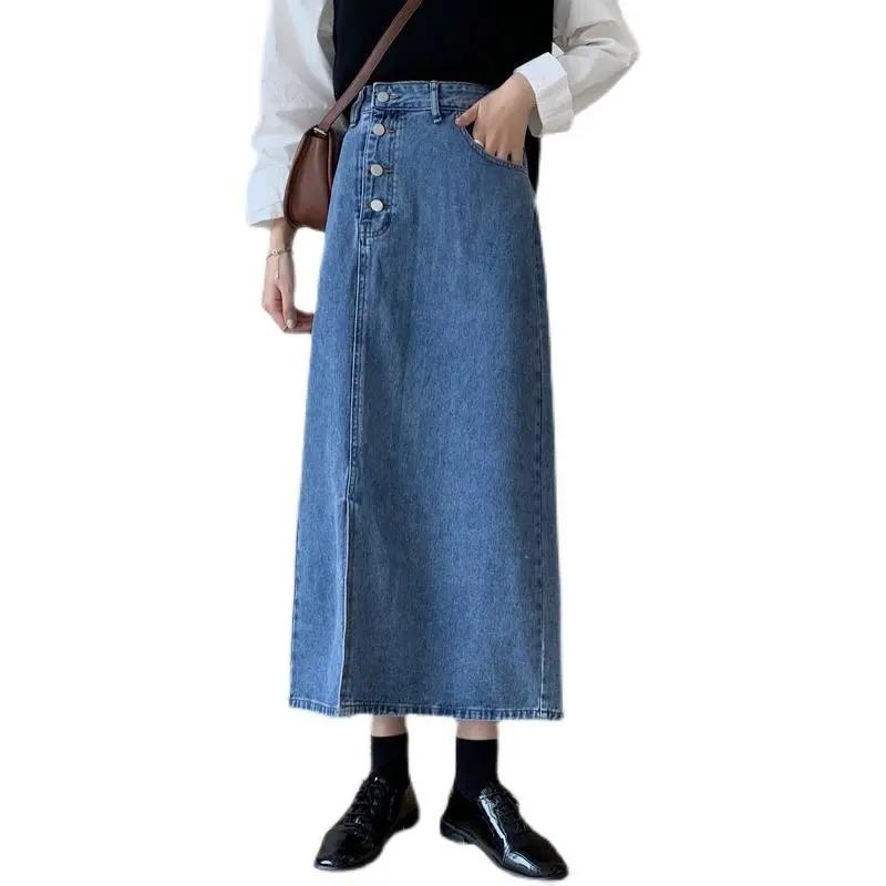 

Dresses Summer 2022 New Women's Long Denim Skirt Vintage High Waist Jeans Skirts Female Straight Aline Pencil Skirt Breasted Slit Skirt, Black gray