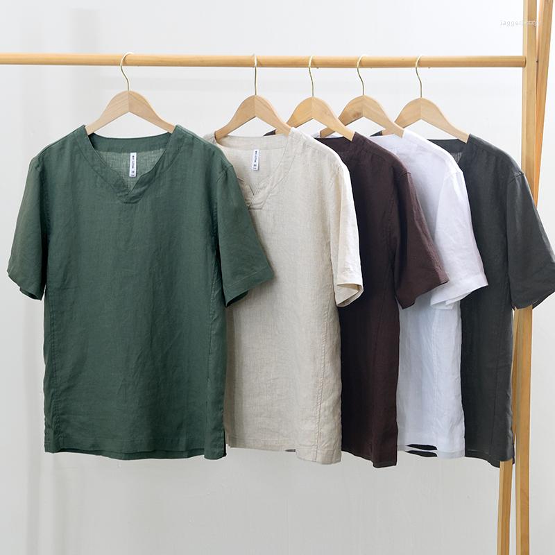 

Men's Casual Shirts Designer Pure Linen Short-sleeve Quality Brand For Men Fashion Retro V-neck Pullover Tops Clothing Camisa Masculina, Khaki