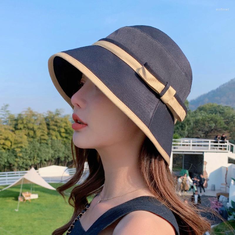 

Berets 2023 Women's Bucket Hat Solid Bow Style Panama Caps Fashion Luxury Fisherman Ladies Summer Sun Travel Beach Gift, Bk