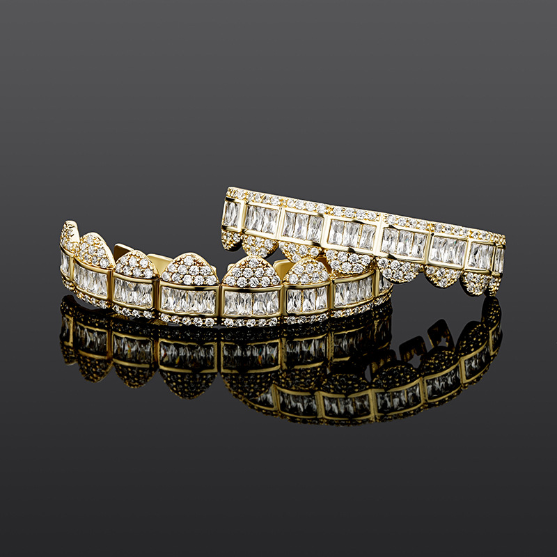 

Hip Hop Full zircon braces Dental Teeth Grillz Gold Silver Grills Teeth Set Fashion Jewelry High Quality Eight 8 Top Tooth Six 6 Bottom Rap Halloween jewelry 1270