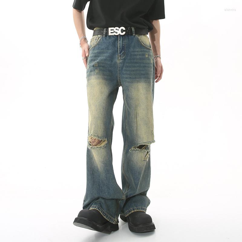 

Men' Jeans SYUHGFA Casual Menwear High Street Men Worn Out Fashion Beggar Pants Male Trendy Straight Wide Leg Denim Hole Trousers, Blue