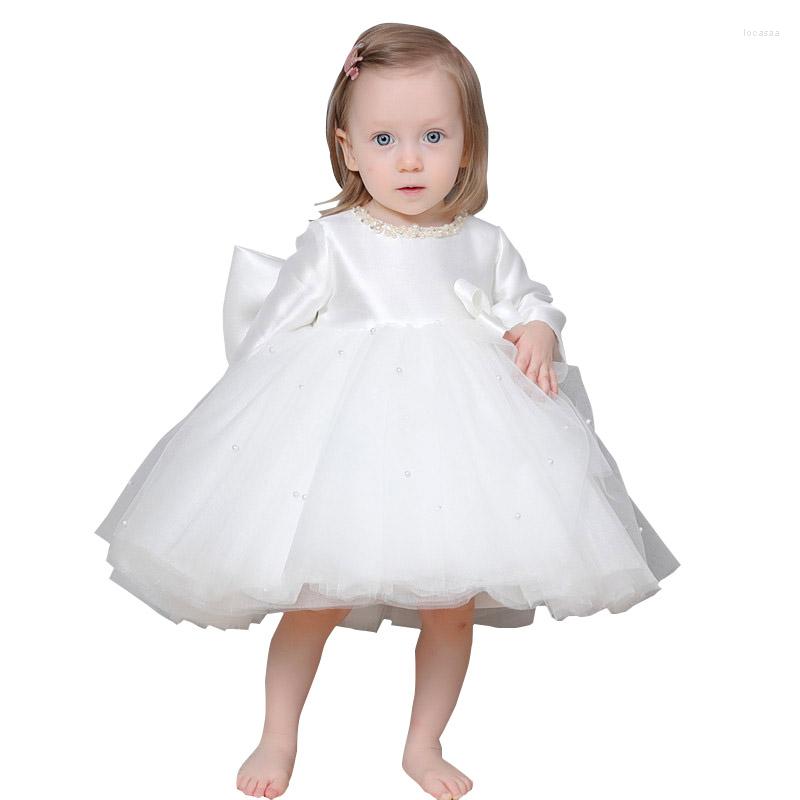 

Girl Dresses Little Girls Lace Beading Dress Baby Kids Long Sleeve White Bow Fluffy Ball Gown Flower First Bithday Party 1-11Y