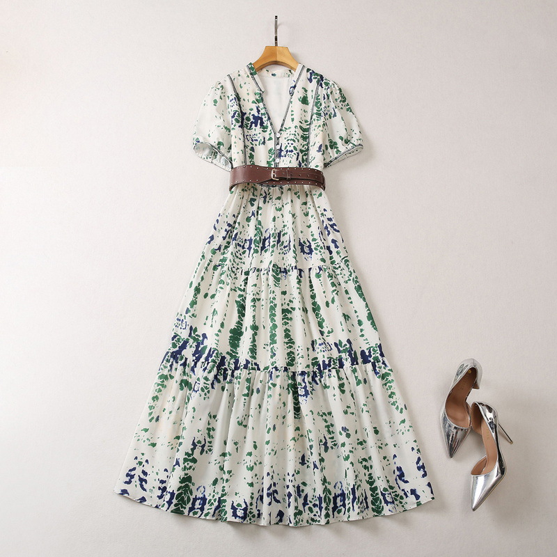 

European and American women' clothes 2023 summer new v-neck Short sleeve printed belt fashion Pleated Dress XXL, Green