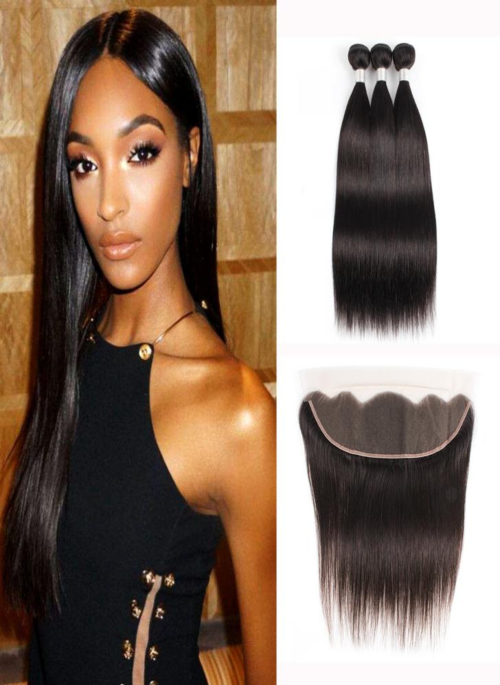 

Kisshair Straight 3 Bundles With 13x4 Ear to ear Lace Frontal closure Brazilian Virgin Hair Weave Bundle Peruvian Malaysian Raw In7637493, Natural color