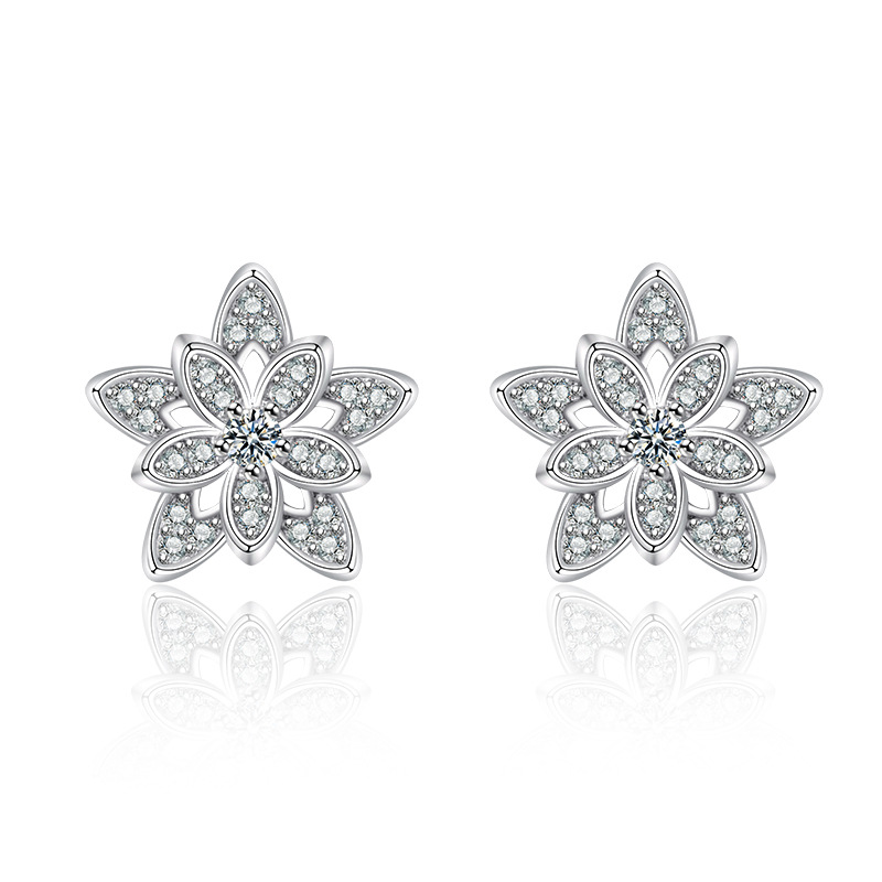 

Brilliant Cz Diamond Flower Shaped Stud Earrings Platinum Plated Silver Earring Jewelry for Wedding Party Ear Studs Gift