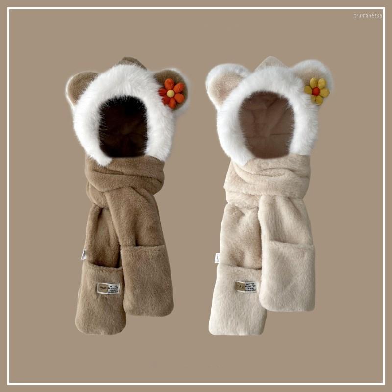 

Scarves Winter Cashmere Balaclava With Bear Ear Hat Scarf Gloves Set 3 In 1 Women Cute Beanies Caps Hood Warm Thick Plush D531