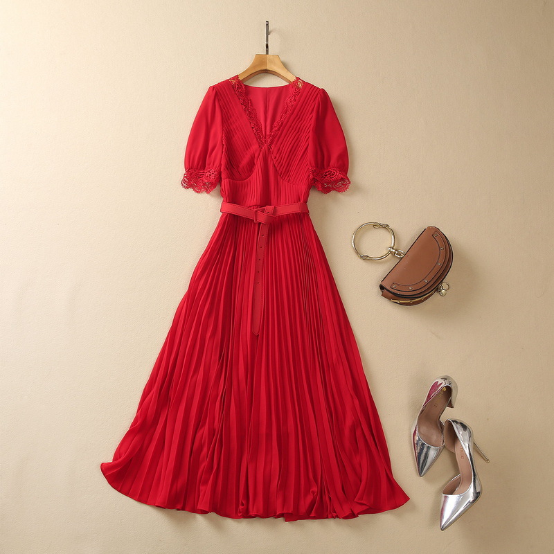

European and American women's clothes 2023 summer new Short-sleeved lace V-neck fashion Belt Pleated Dress XXL, Blue