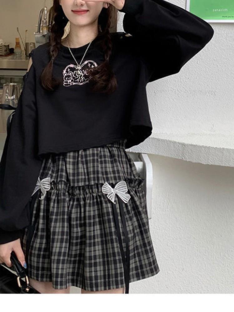 

Skirts Harajuku Cute Kawaii Gothic Lolita Jk Plaid Skirt Women Goth Bow Black High Waist A-Line Mini Japanese Style
