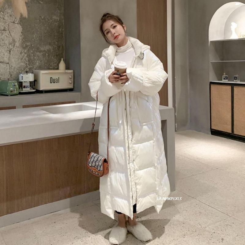 

Women' Trench Coats Winter Jackets For Women Loose Super Long Hooded Shiny Down Cotton Jacket Female Thick Warm Puffer Parka Woman Coat, White