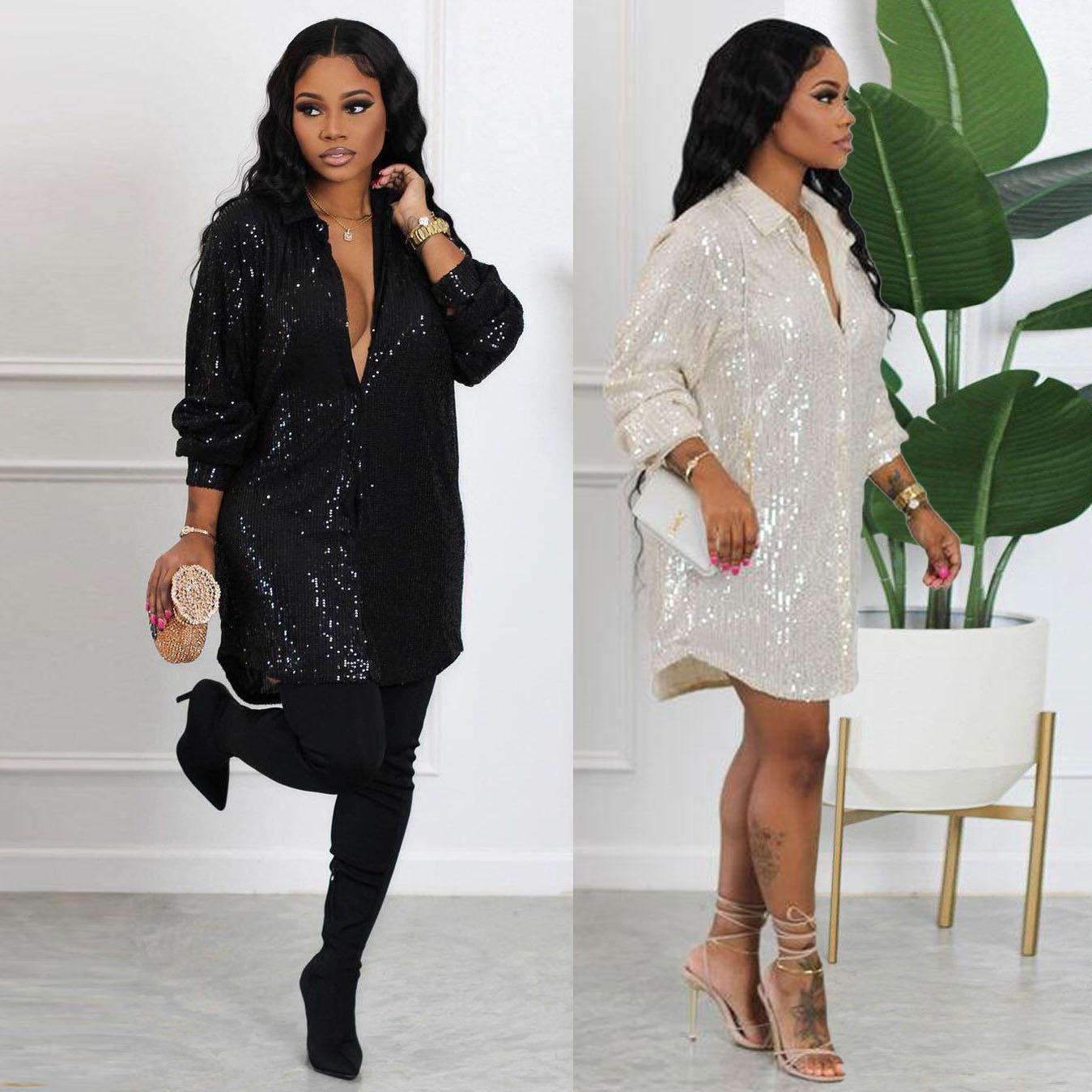 

Dresses Elegant Sequin Shirt Dress Casual Luxury Long Dresses 2022 Winter Fall Clothes Women Cardigan Coat Club Party Outfit Mini Skirt, Black