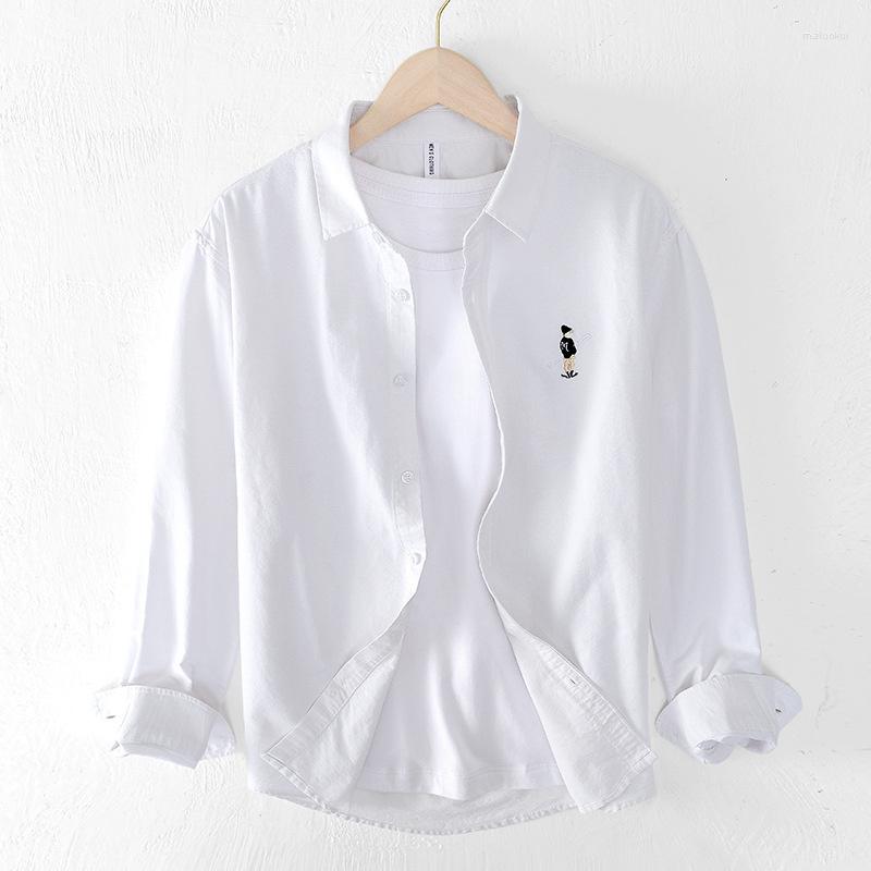 

Men's Casual Shirts Cotton Oxford Shirt Men's Long Sleeve Japanese Embroidered Without Pocket Solid Pink White Men Tops, Gray