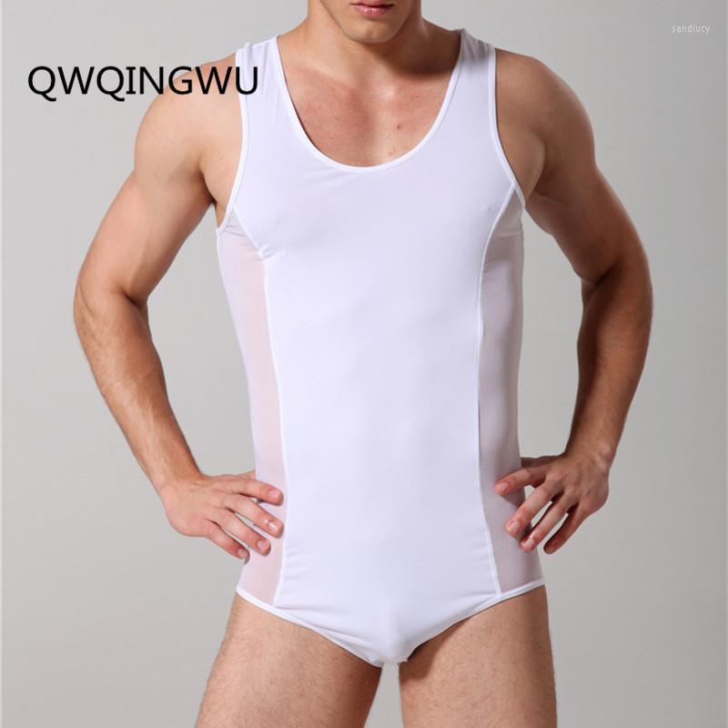 

Undershirts Man Sexy Underwear Male Mesh Ice Silk Bodysuit Basic Shirts Gay Fitness Transparent Bodywear Sleepwear, White