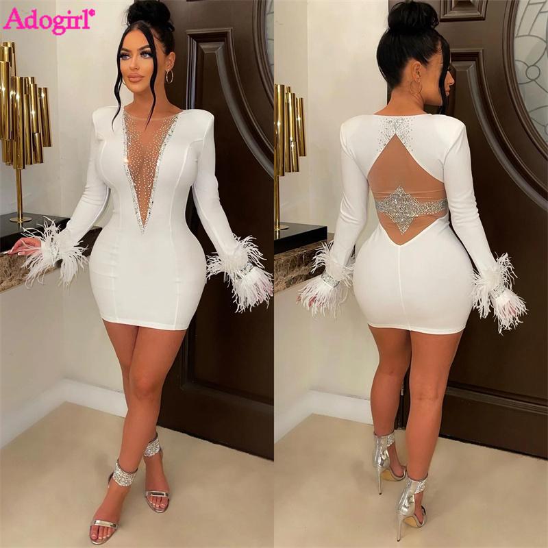 

Dresses Adogirl Diamonds Sheer Mesh Patchwork Mini Party Dress Women Sexy Feathers Long Sleeve V Neck Backless Bodycon Night Clubwear, White