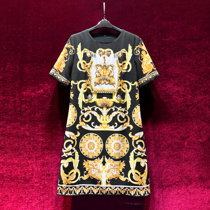 

European and American women' clothes 2023 summer new Round neck and short sleeves beaded fashion Vintage Print Dress, Black
