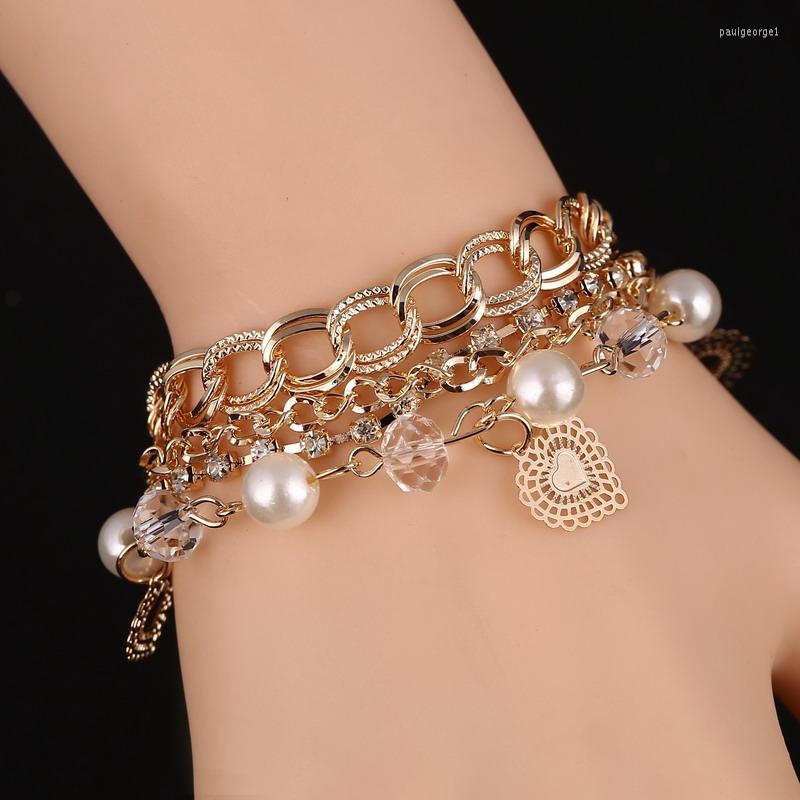 

Charm Bracelets Handmade Jewelry Women/Girl Chain Beads Crystal Bracelet Heart Imitation Pearl Pendant Multilayer