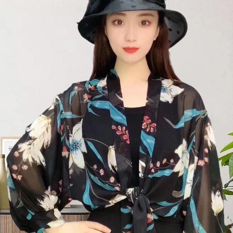 

Scarves Chiffon Shawl Open Front Tie Lantern Sleeves Evening Floral Print Sun Protection Party Shrug Dress Scarf