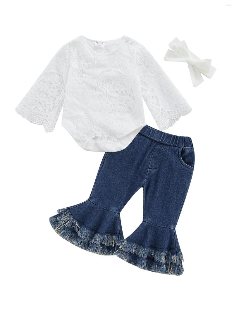 

Clothing Sets Baby Girl 2Pcs Spring Outfits Long Sleeve Crew Neck Lace Romper Flare Jeans Set, White