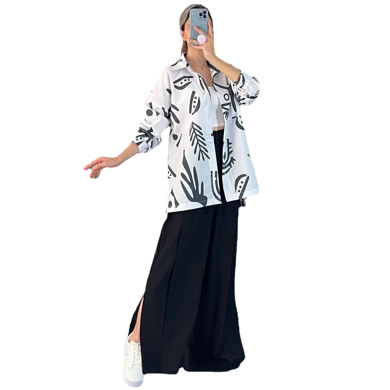 

Spot 2023 new summer cross -border women's casual long -sleeved printed shirt high waist split wide -leg pants suit, Black