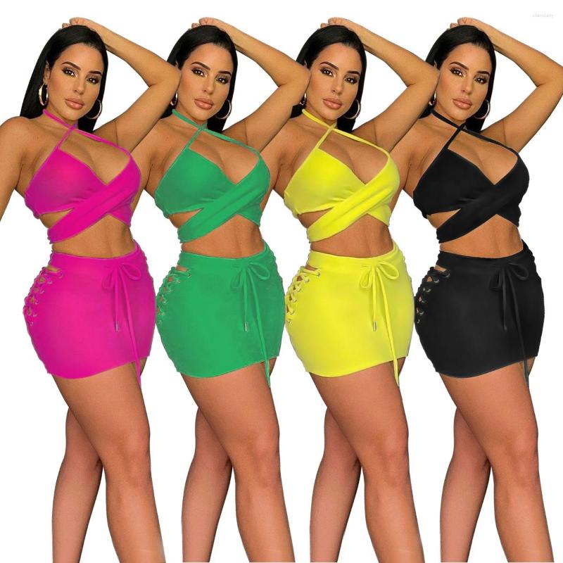 

Work Dresses Summer Bandage Skirts 2 Piece Set Sexy Cross Strap Lace Up Halter Crop Top Slit Mini Club Outfits Clothing, Green set