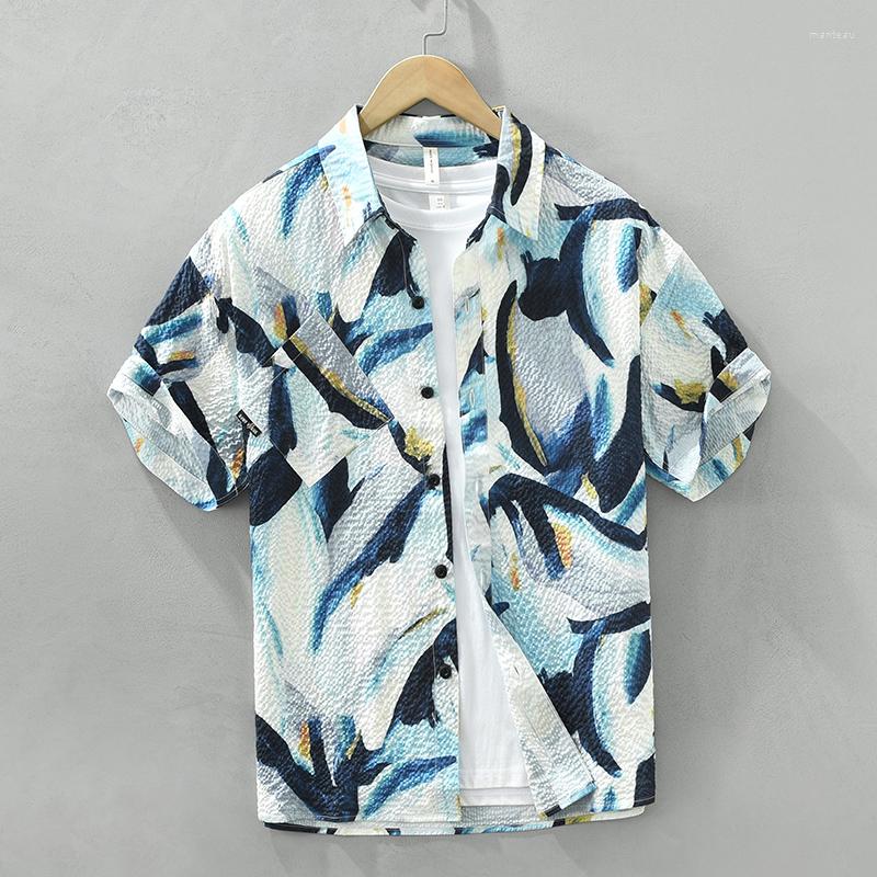 

Men's Casual Shirts Foam Cotton Short Sleeve Shirt For Men Summer Fashion Chic Print Tops Male Breathable Button Up, 3729 white