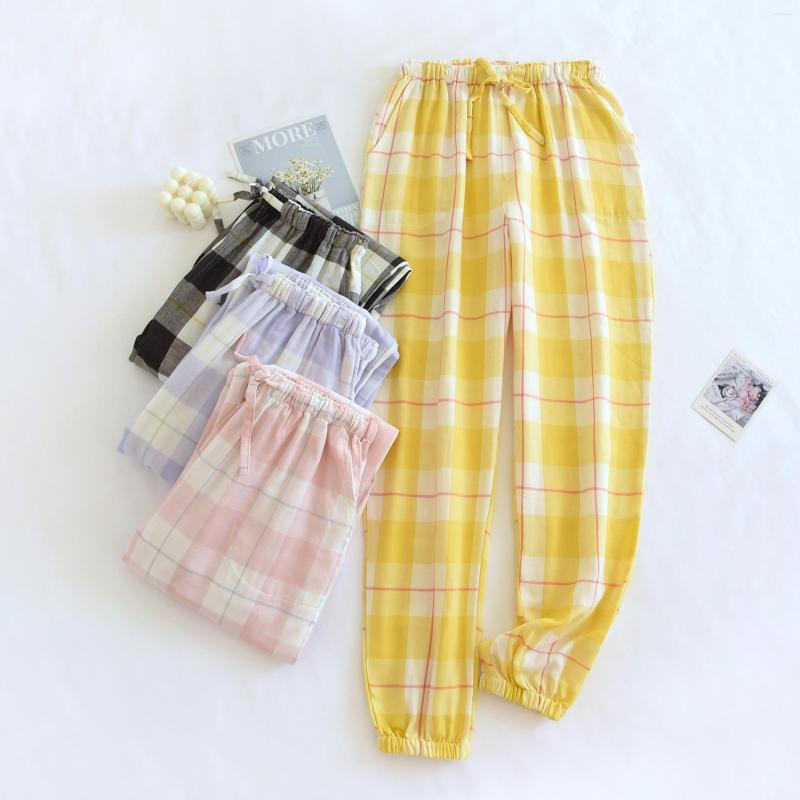

Women's Sleepwear Women's Spring Thin Cotton Yarn-Dyed Gauze Home Pants Casual Sleep Bottoms Elastic Waist Plaid Lounge Wear Loose, Pink and white