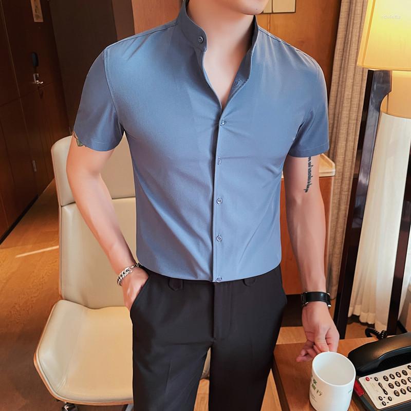 

Men's Casual Shirts 2023 Summer Short Sleeve Stand Collar Men Fashion Brand Business Dress Shirt Social Party Streetwear Tuxedo Blouse, Black