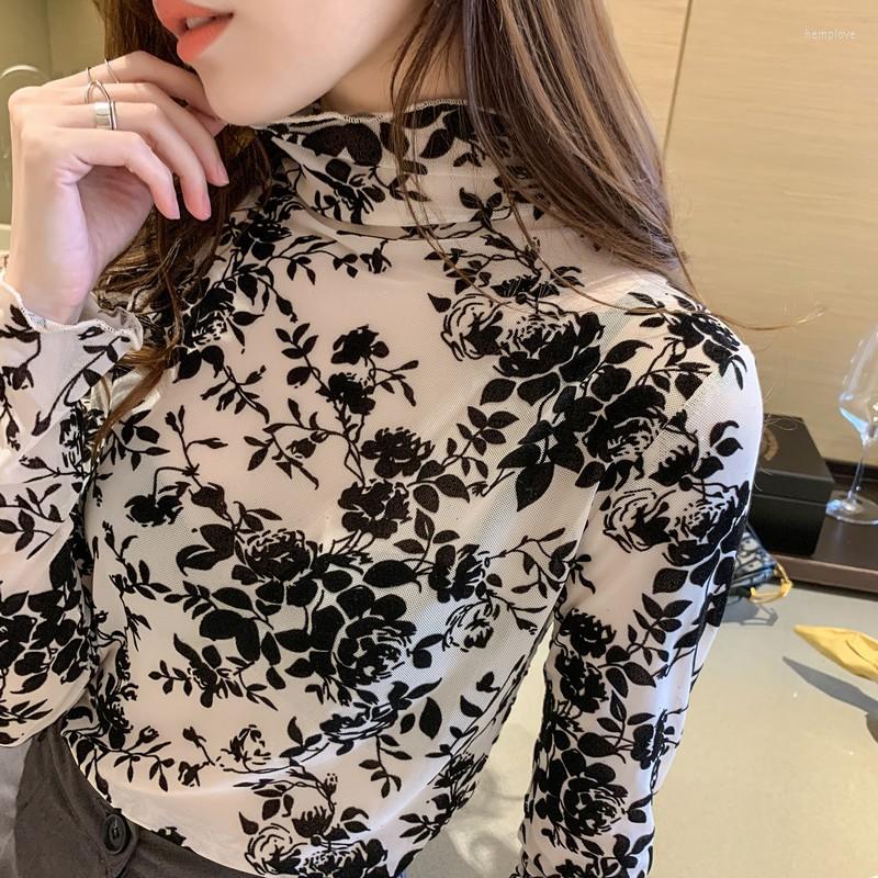 

Women's T Shirts Spring Autumn Long Sleeve Tees Tops Woman Flocking Mesh Turtleneck T-Shirt See-through Tshirts For Female, Black