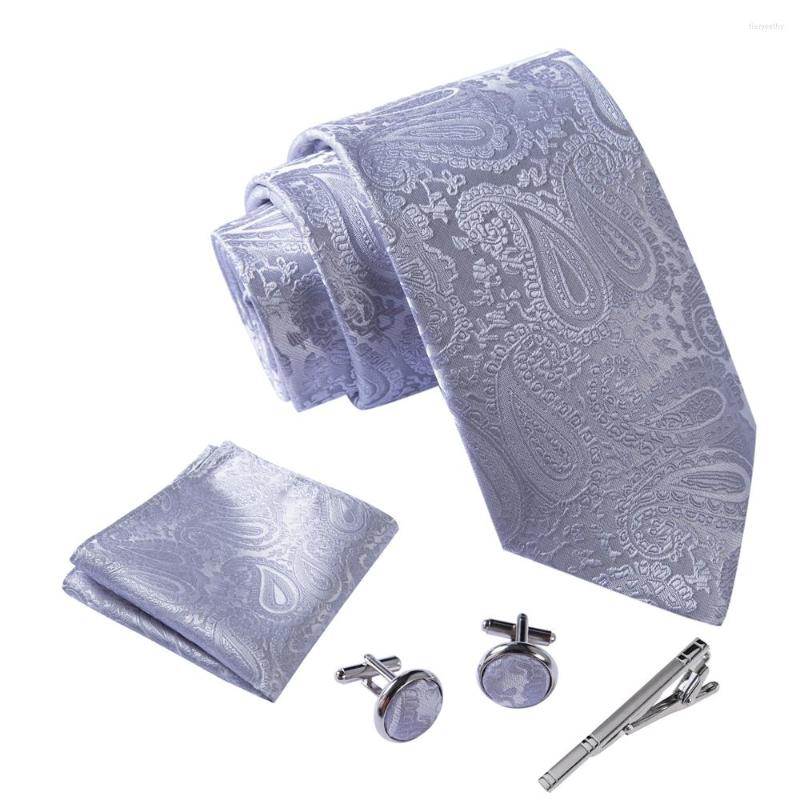 

Bow Ties Ikepeibao Men Paisley Necktie Sets Pocket Square With Metal Cufflinks Clip Silver Gray Shirt Accessories Fit Wedding