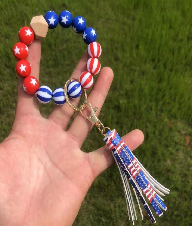 

New Styles Wooden Bead Bracelet Keychain American Flag DIY Beaded Bracelet Tassel Pendant For Independence Day Decorations 10 Colo9860266
