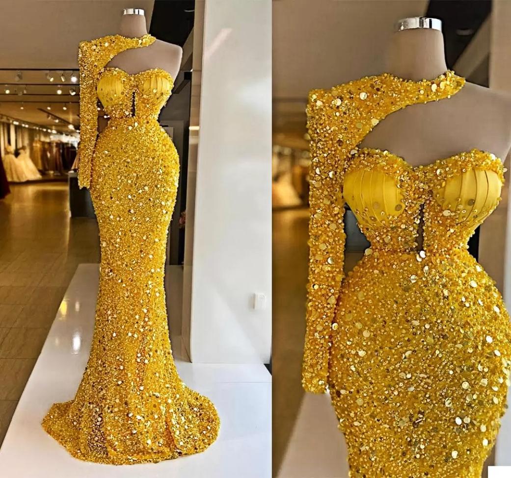 

Luxury Evening Dresses Bright Yellow Sequins Beads Halter Long Sleeves Prom Dress Formal Party Gowns Custom Made Sweep Train Robe 7152493, Gray