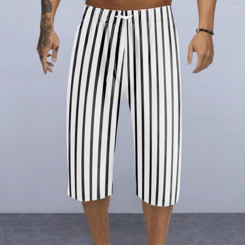 

Men's Pants Men Mid-rise Elastic Waistband Cropped Vertical Striped Print Drawstring Mid-calf Length Pockets Male Trousers, White black