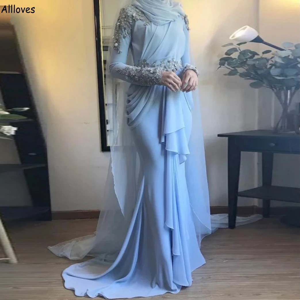 

Sky Blue Caftan Turkish Moroccan Women Abaya Muslim Evening Dresses Long Sleeves Chiffon Drapped Lace Appliqued Formal Party Gowns Mermaid Dubai Arabic Robe CL2355, Royal blue