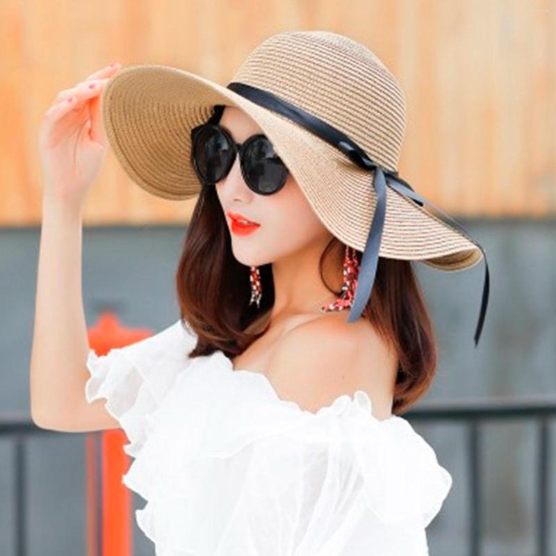 

Wide Brim Hats Women Big Straw Hat Sun Floppy Summer Fashion Elegant Ribbon Bowknot Folding Beach Cap Lady, White