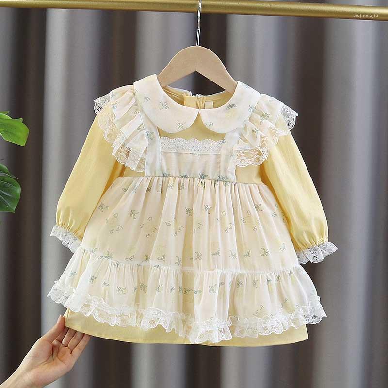 

Girl Dresses Baby Princess Toddler Girls Clothes Spring Casual Long-sleeved Print Lace Children Costume Infant Clothing 1-3Y, Yellow