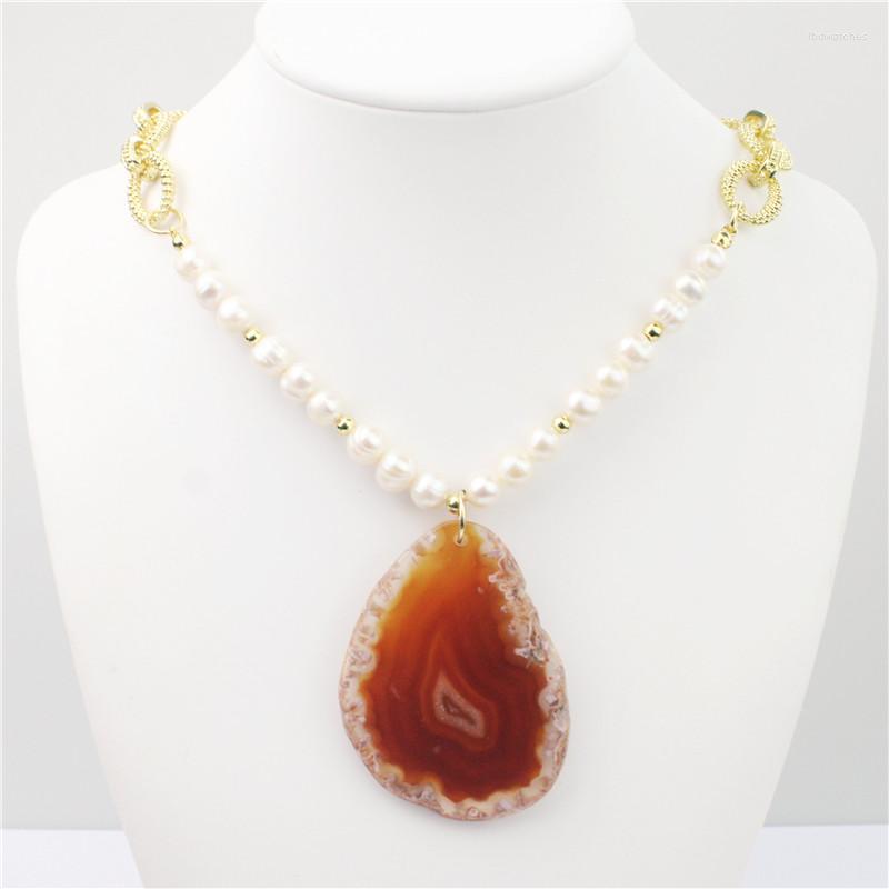 

Pendant Necklaces 18inch 5pcs/lot Agate Slice Necklace Mush Up Plated Chain/pearl Chain Body Jewelry Retro Match Style