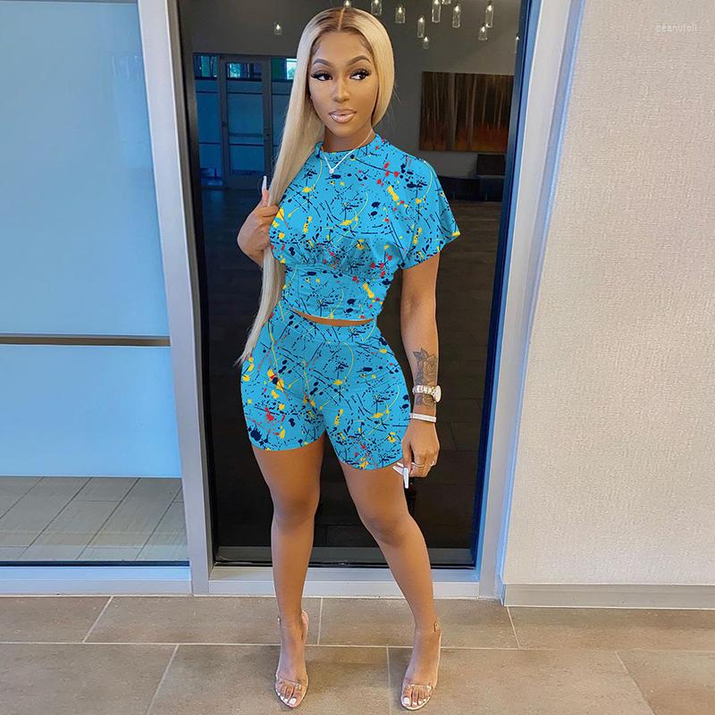 

Women's Tracksuits Print Women Two Piece Set O-neck Shirts Crop Top Biker Shorts Suits Bodycon Sexy Streetwear Matching Sporty Wholesale, Leopard-yellow