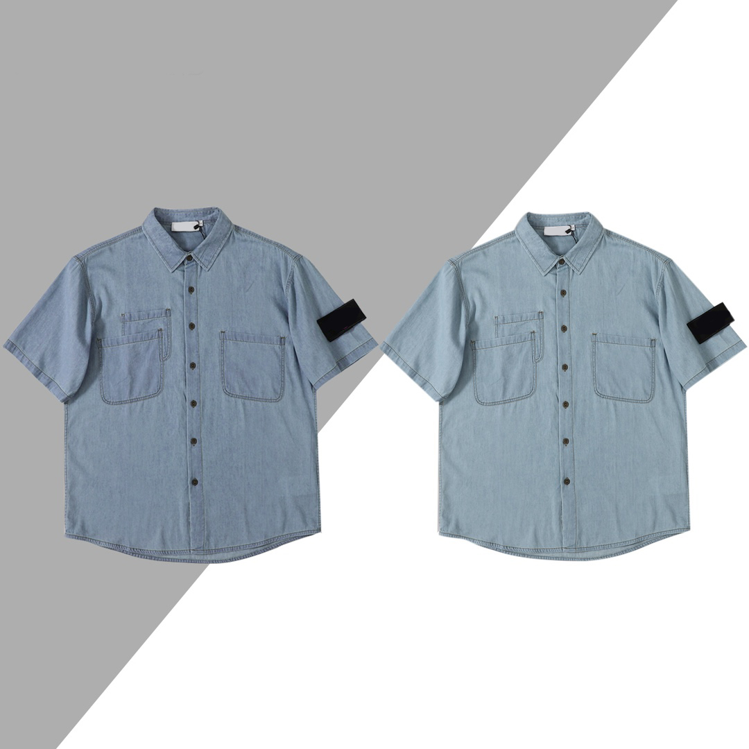 

2023 United States European men deinim shirt designer casual brand short shirts Classic inverted triangle loose Imported high-quality summer short sleeve tops, Dark blue