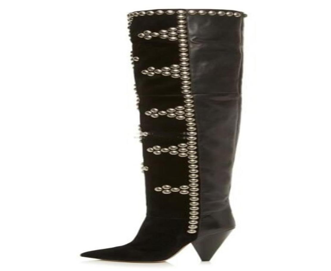 

2021 style sheepskin suede leather Spike heels Thighhigh Boots Casual party Dress shoes Rivets mix colour pointed toes Martin boo4218775, Beige