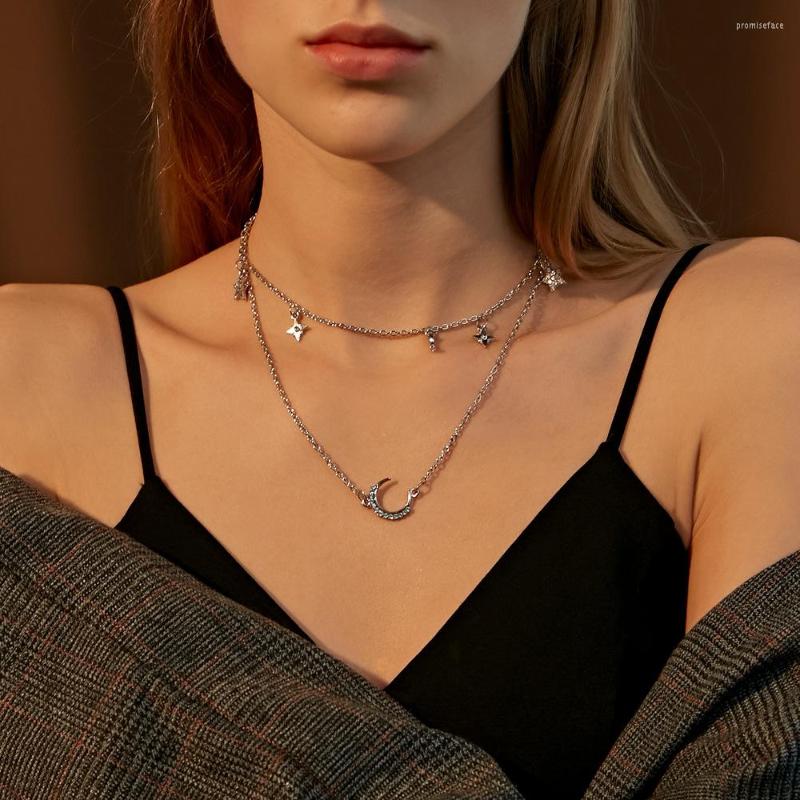 

Pendant Necklaces QiLuxy Vintage Multi-layer Punk Metal For Women Moon Star Rhinestone Design Jewelry Gift