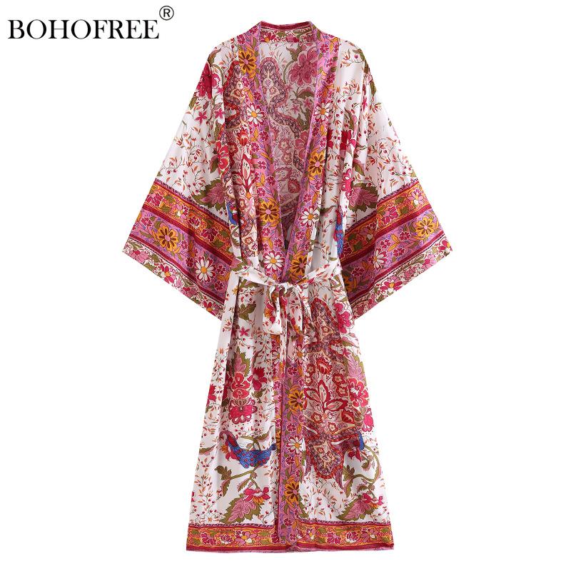 

Dresses Boho Robes Rayon Cotton Pea Print Long Vestidos Wrap Dress Batwing Sleeve Belt Casual Women Bohemian Beach Cover Kimonos, As pic
