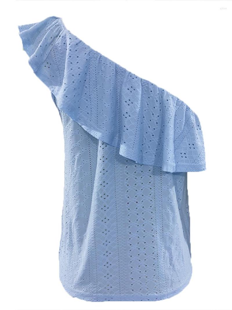

Women' Tanks Women  Summer Casual Top Solid Color Sleeveless One Shoulder Tank Vintage Ruffled Lace Hollowed Elegant Tops, Blue