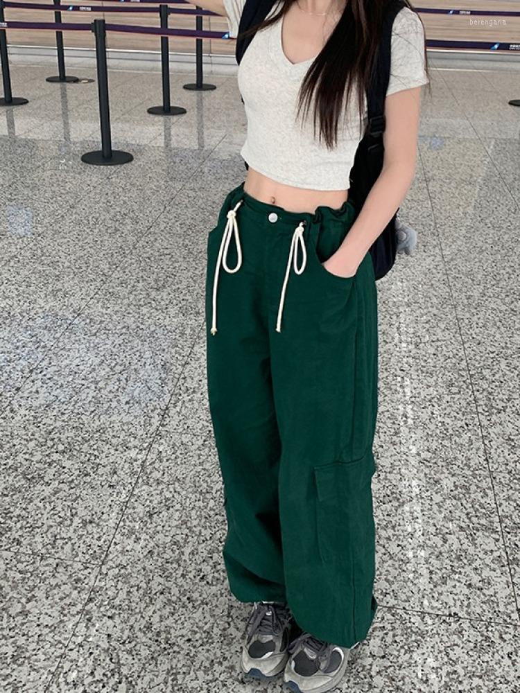 

Women's Pants Women's Retro Loose Casual Long Cargo Spring Summer Lacing Up High Waist Trousers With Pockets, Black