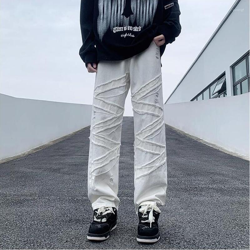 

Men's Jeans High Street White Mens Patchwork Wide Leg Hole Denim Trousers Loose Straight Beggar Pants For Boy Hip Hop Casual