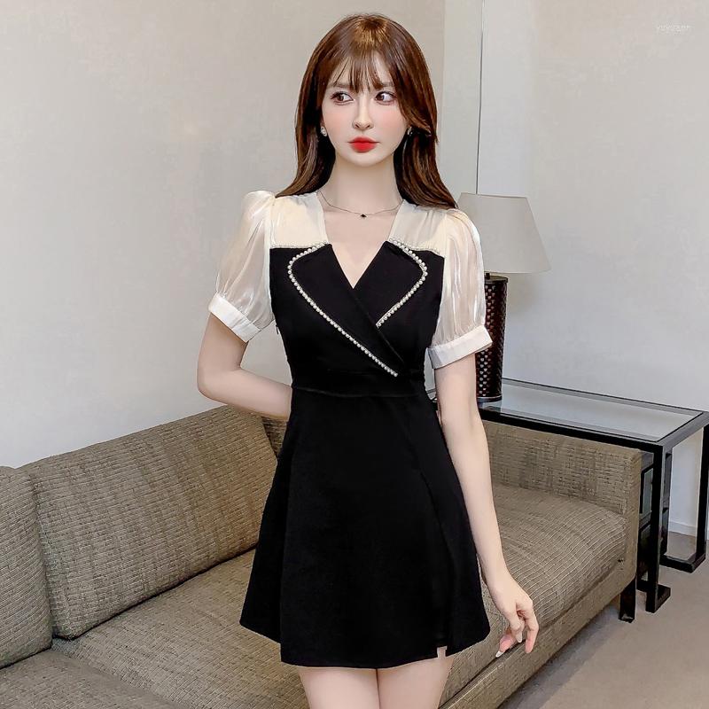 

Work Dresses 2023 Summer Women Notched Collar Slim Patchwork Dress Black Shorts OL Wear Style Set Two Piece Suits, Black set
