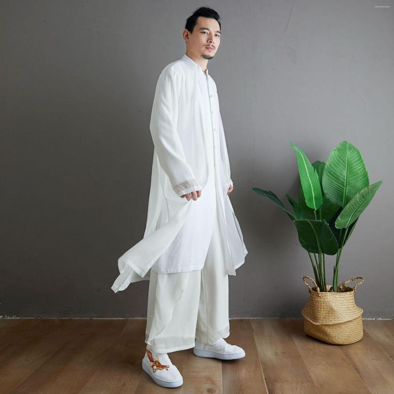 

Ethnic Clothing White Solid Chinese Men Chiffon Robe Loose Plus Size XL Tang Shirt Mandarin Collar Cardigan Retro Button Casual Tops Kimono